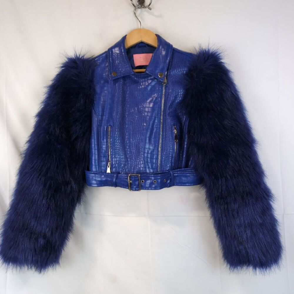 EPOC Azalea Wang Nolla-Blue Womens Medium Faux Croc PU & Faux Fur Moto Jacket M